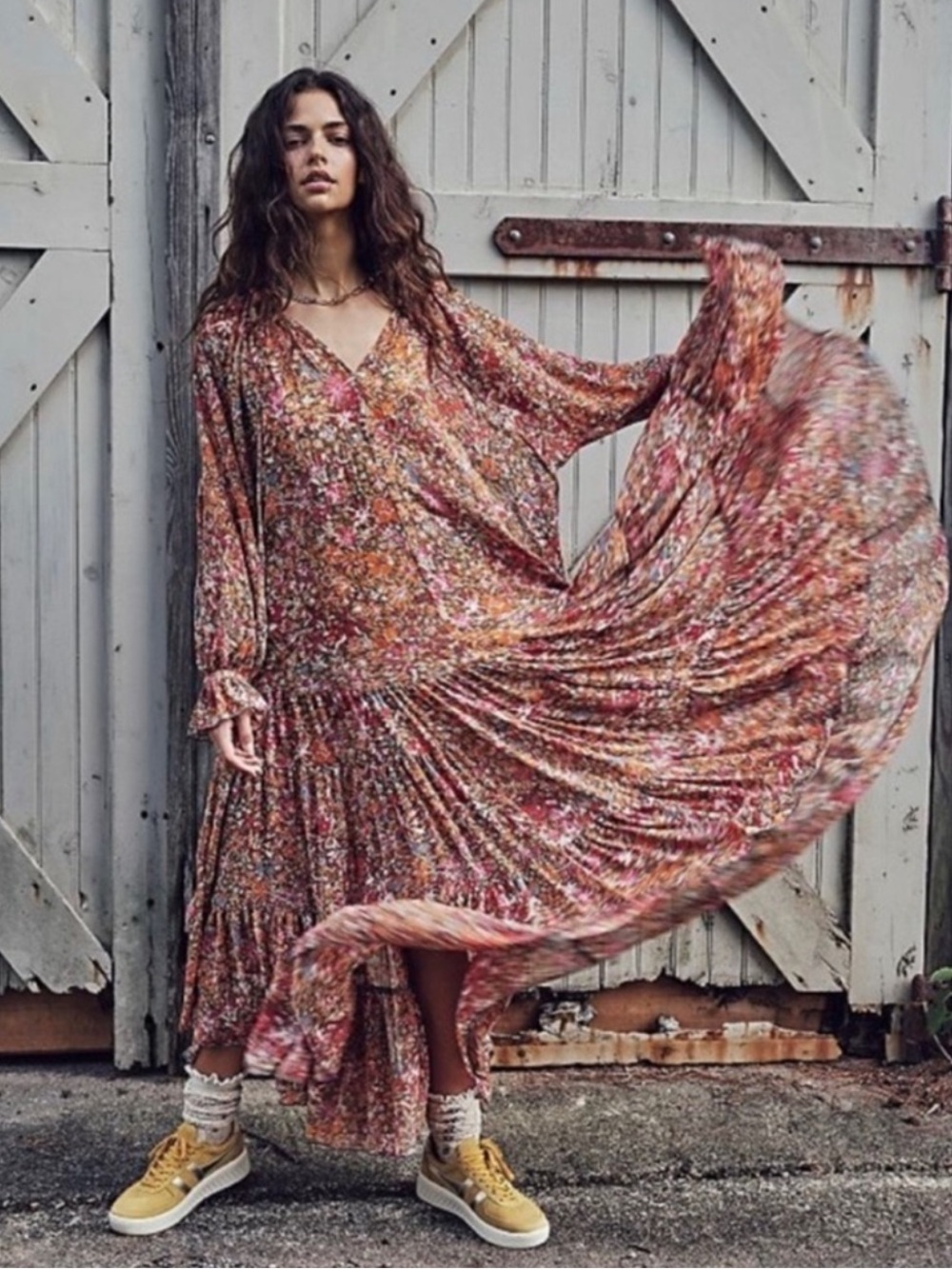 Free People Feeling Groovy Orange Floral Maxi Dress Small Oversized - Picture 4 of 4